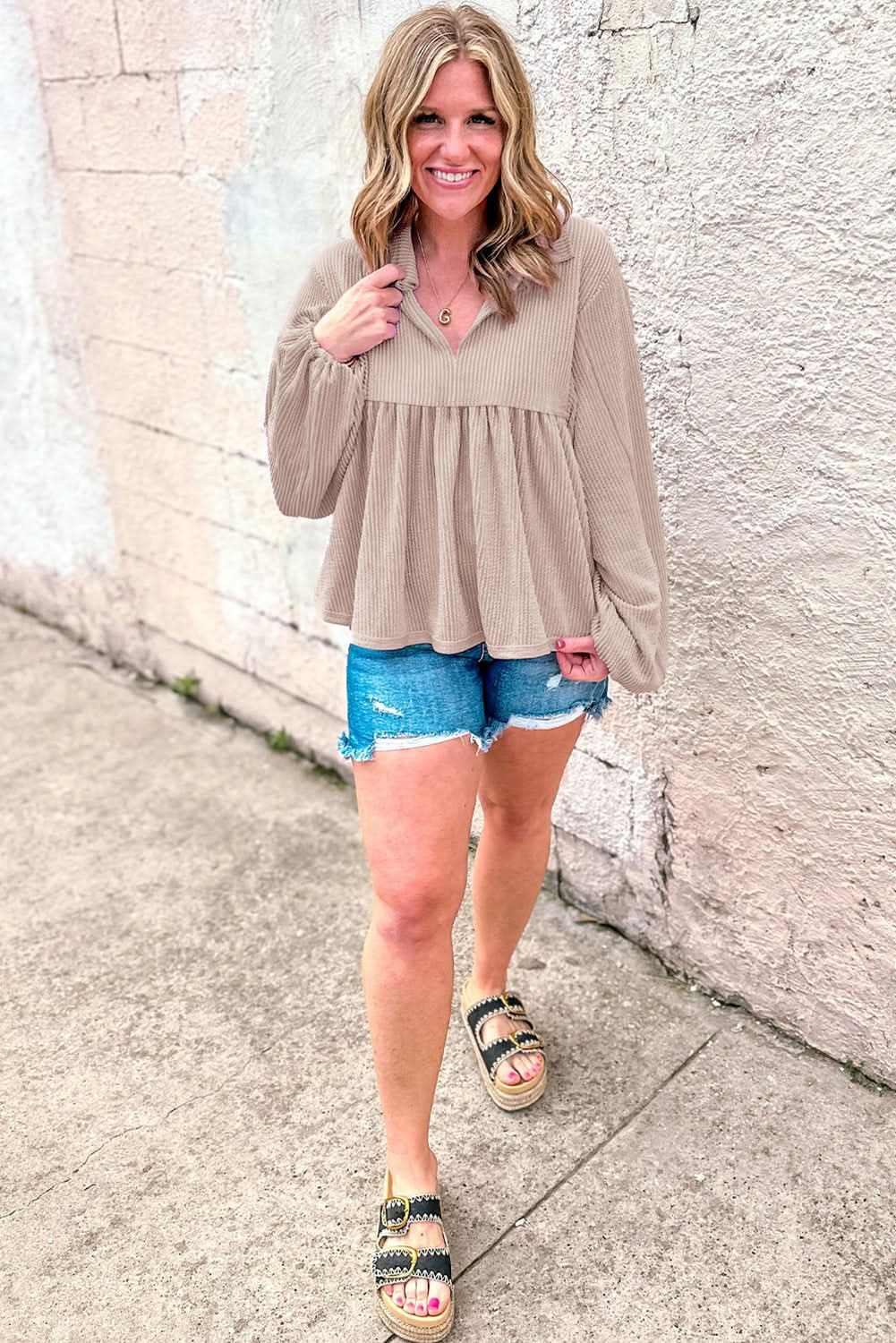 Parchment Corded Turn-down V Neck Bubble Sleeve Babydoll Blouse - Love Salve